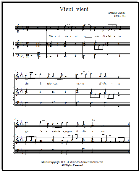 Vieni vieni soprano aria with piano accompaniment sheet music