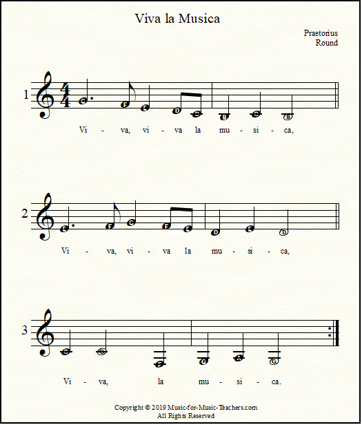 An easy-to-read version of Viva la musica with letters inside the note heads.