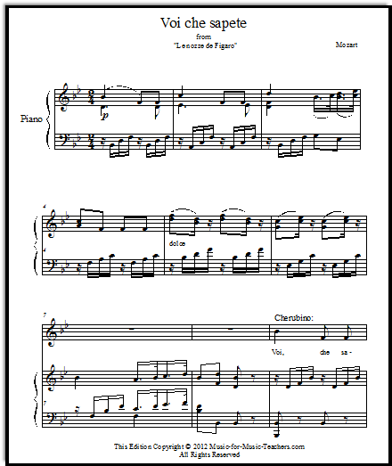 Voi che sapete, from The Marriage of Figaro by Mozart.  This aria is offered in several keys.