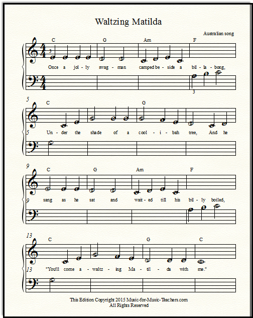 Waltzing Matilda piano sheet music for early beginners