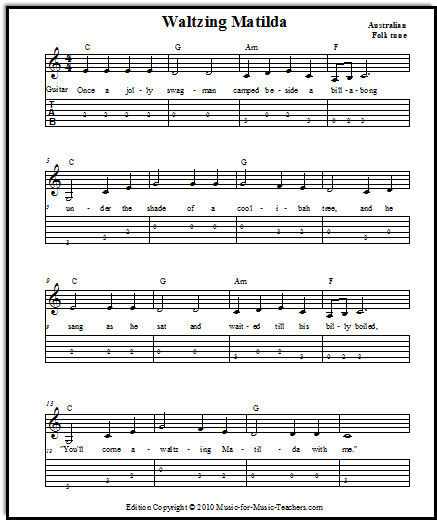 Waltzing Matilda guitar tabs and chords sheet music