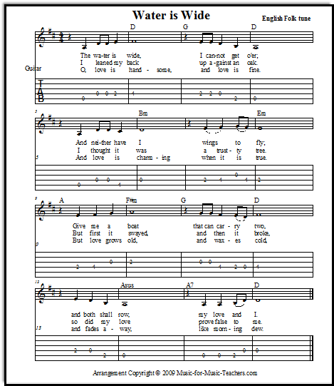 Easy guitar song The Water is Wide with guitar tabs  in Key of D