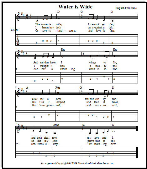 The Water is Wide guitar music with tabs and chords