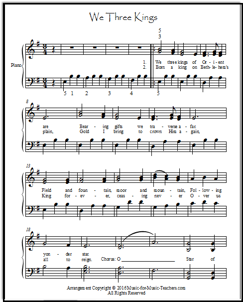 Late elementary/ early intermediate piano arrangement of We Three Kings, with left hand easy chords, arranged for a small hand