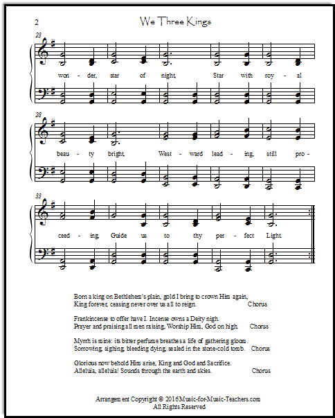 Late elementary/ early intermediate piano arrangement of We Three Kings with the Christmas carol lyrics