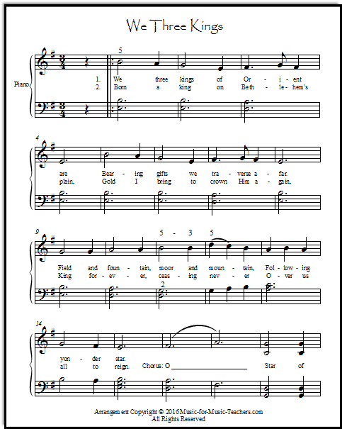 Easy two-hand solo arrangement of We Three Kings for piano, with easy left hand chords