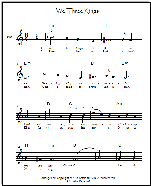 Lead sheet for We Three Kings, with lyrics and chord symbols