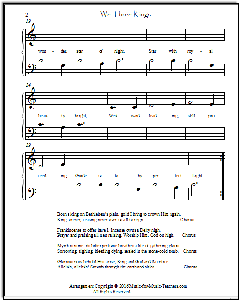Simple melody arranged for piano at Middle C, with the Christmas carol lyrics for We Three Kings