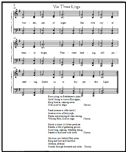 Christmas Carol Lyrics for We Three Kings, in an intermediate piano arrangement