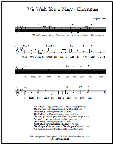 We Wish You a Merry Christmas lead sheets in multiple keys, with chords and lyrics