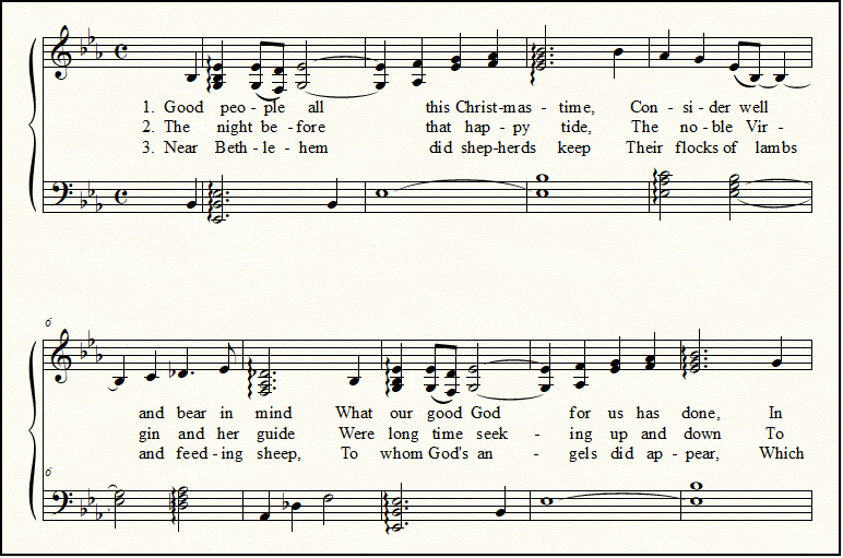 A closeup look at part of page one of free Christmas song "Wexford Carol", in the key of E flat.  This is not an easy piano arrangement.