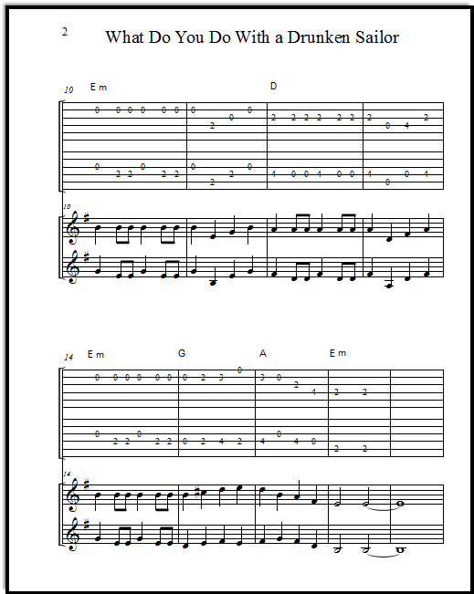 Page 2 of a flatpicking guitar duet, Drunken Sailor