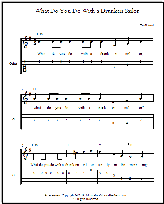 What Do You Do With a Drunken Sailor guitar tabs & treble staff melodies