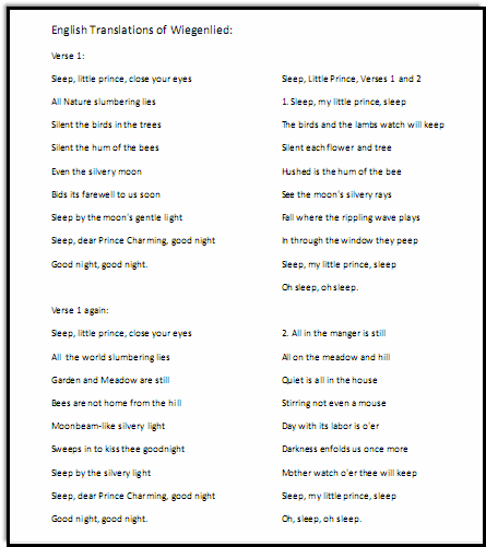 English translations of Wiegenlied lyrics, downloadable