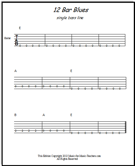 Twelve bar blues bass line for beginning guitar students