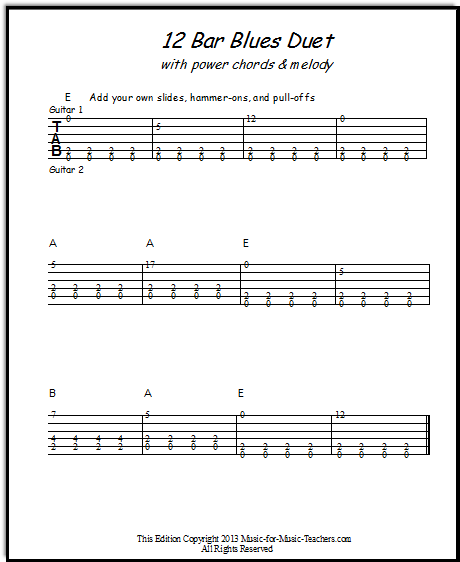 Power chords with 12 bar blues guitar tabs