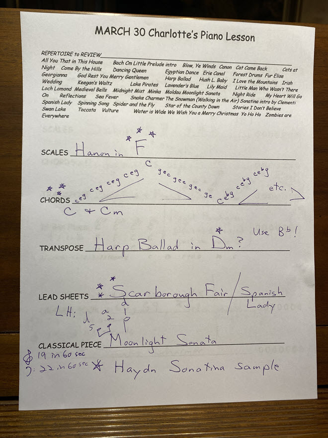 Weekly lesson plan for a piano student