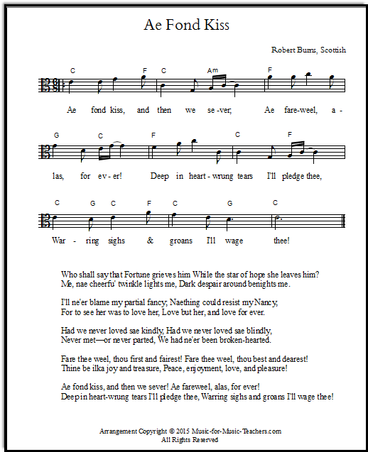 Free viola sheet music, Scottish song "Ae Fond Kiss"