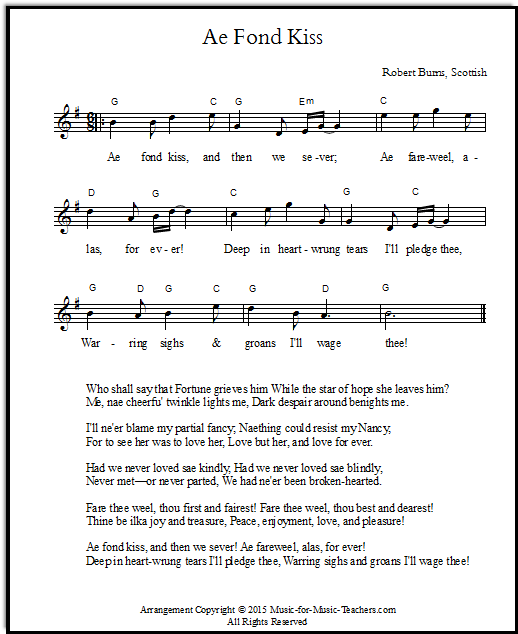 Ae Fond Kiss lead sheet in treble clef, key of G, with chords.  A Scottish song with lyrics by Scottish poet Robert Burns.