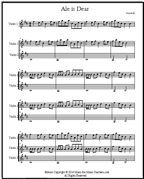 Fiddle sheet music for beginners, violin ensemble "Ale is Dear," a Scottish tune