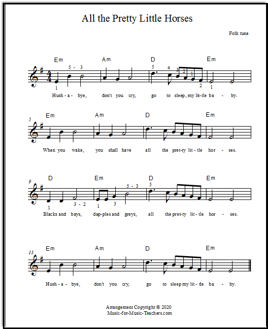 Lead sheet music for piano of All the Pretty Little Horses
