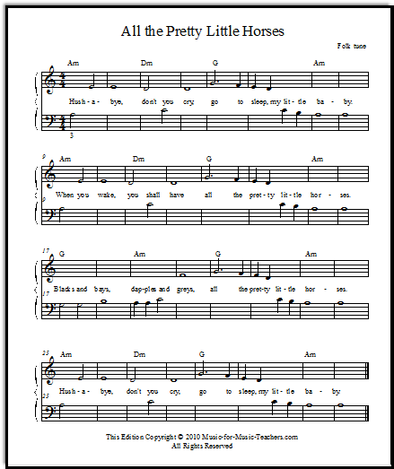 All the Pretty Horses, one of many "First Year" piano songs arranged mostly around Middle C