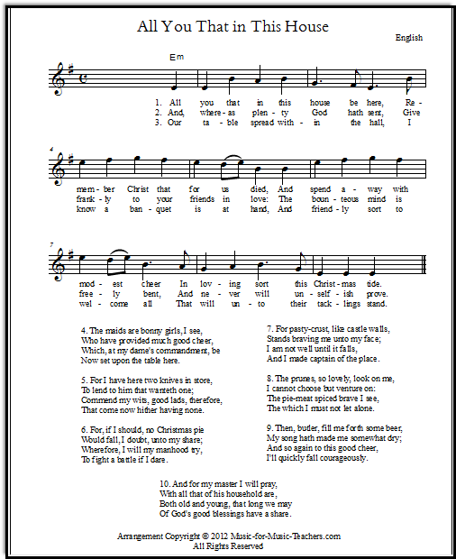 All You That in This House Be Here, an English Christmas carol, shown as a lead sheet in the key of E minor