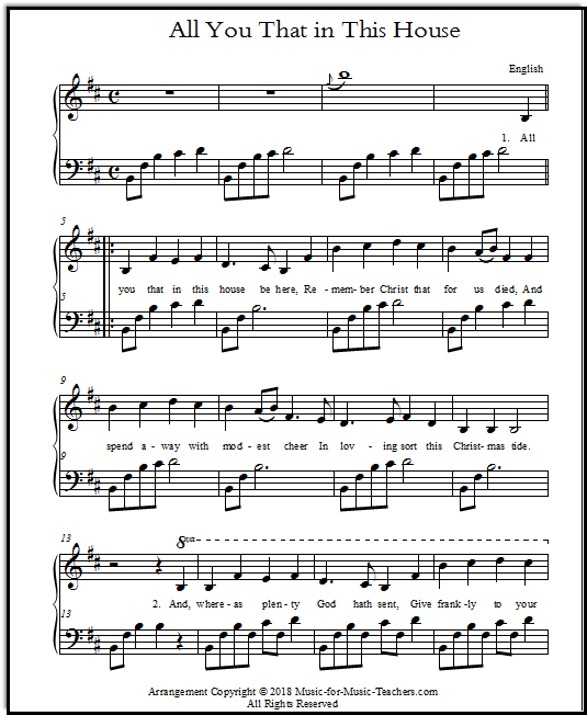 Piano arrangement of "All You That in This House," an English Christmas carol