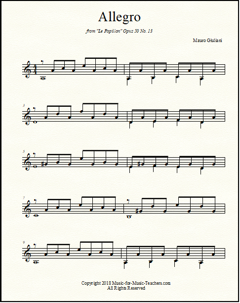 Allegro from The Butterfly by Giuilani for guitar, with and without guitar tabs