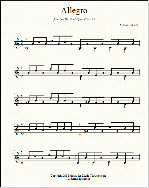 Allegro by Giuliani for classical guitar, with no guitar tablature