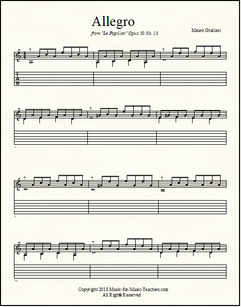 Worksheet for Giuliani's "Allegro" - the melody in treble clef, and a blank guitar tablature staff below.