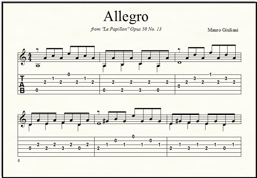 A close-up look at the classical guitar music "Allegro" from Giuliani's "The Butterfly" - with guitar tablature