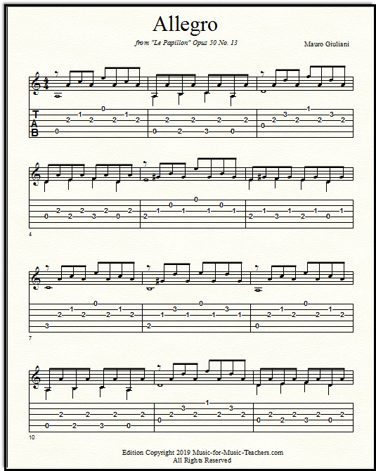 "Allegro" by Giuliani from "Le Papillon" for classical guitar, page 1.  With guitar tablature.