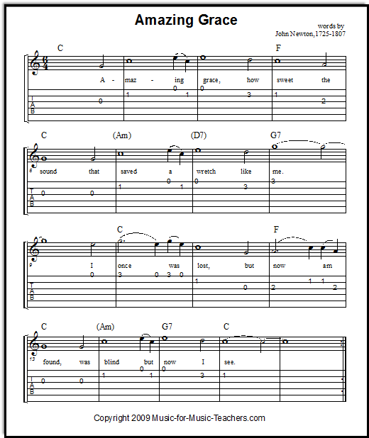 Amazing Grace hymn with easy guitar tabs for beginner guitar
