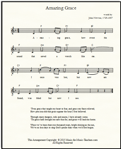 Amazing Grace lead sheets for treble clef with guitar chords key