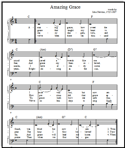 Amazing Grace piano music for beginners