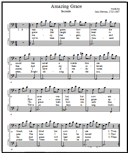 Amazing Grace free printable music sheets duet secondo, Music-for-Music-Teachers.com