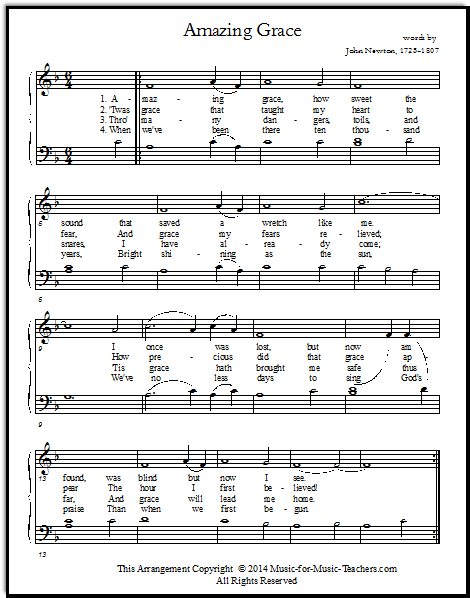 Free Printable Music Sheets Amazing Grace Solos and Duet for Piano