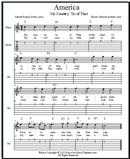 Easy guitar tabs for America, My Country Tis of Thee