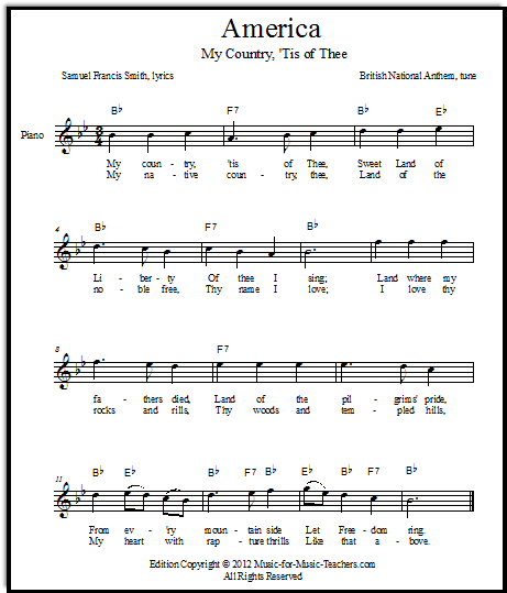 Lead sheets for "America, My Country 'Tis of Thee" for guitar, treble, and bass clefs