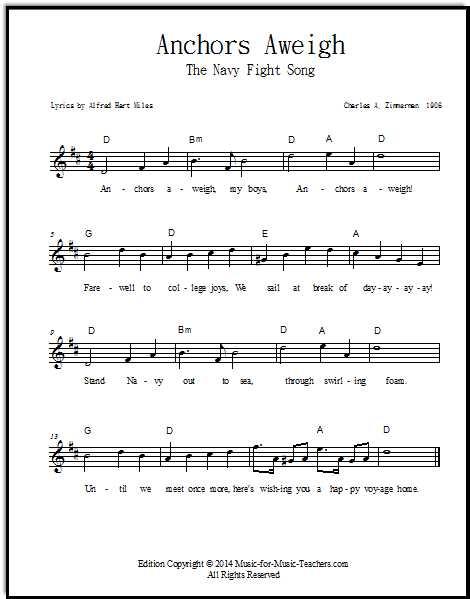 The Navy Fight Song - Anchors Aweigh - as a lead sheet in multiple keys