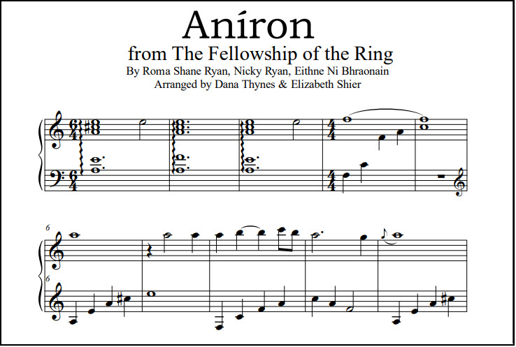 Piano sheet music for "Aniron," the theme song of Aragorn and Arwen in The Fellowship of the Ring movie.