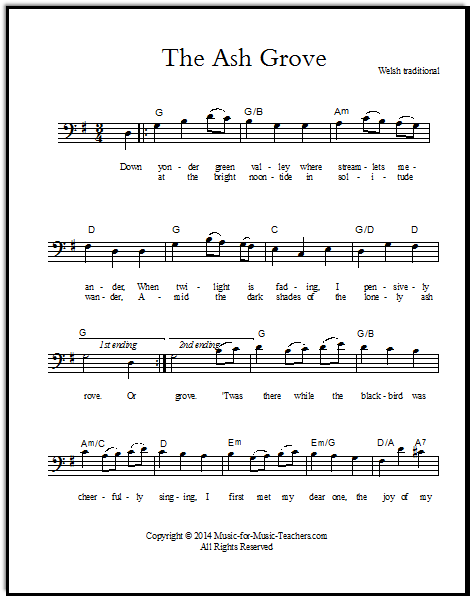 Bass clef lead sheet for the Welsh folk tune  Ash Grove