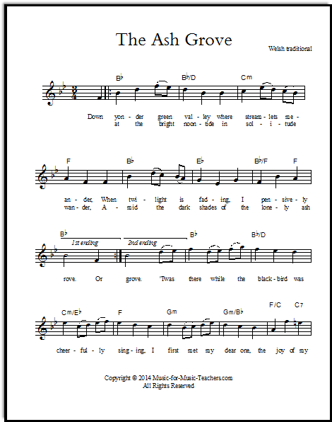 Lead sheet for the Welsh song "The Ash Grove"