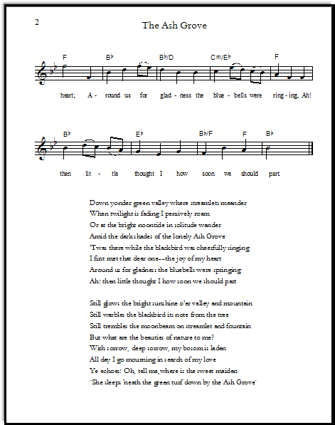 Lead sheet for the Welsh song "The Ash Grove", treble clef