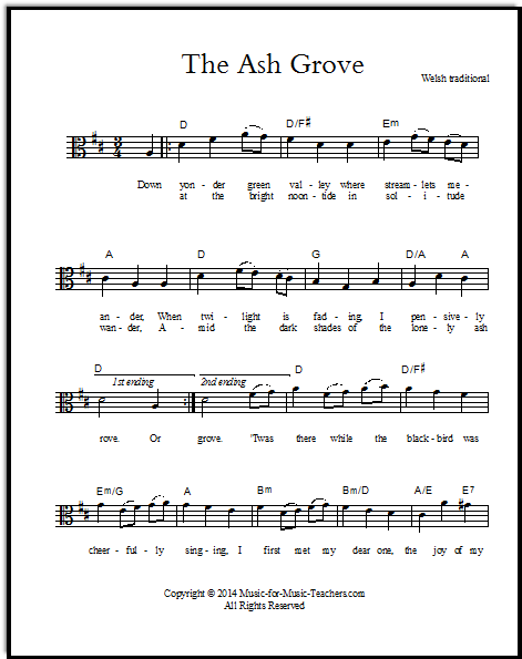 Ash Grove for Viola, with viola clef sheet music, FREE!