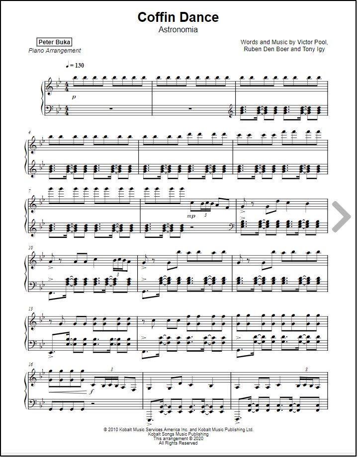 Coffin Dance sheet music for piano by Peter Buka