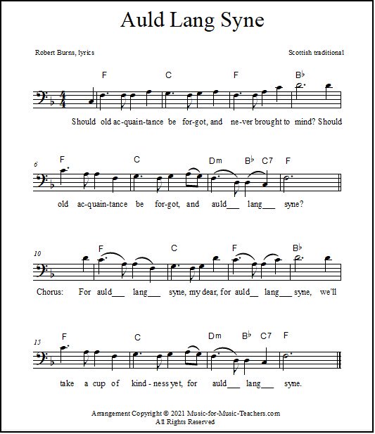Bass clef music for Auld Lang Syne