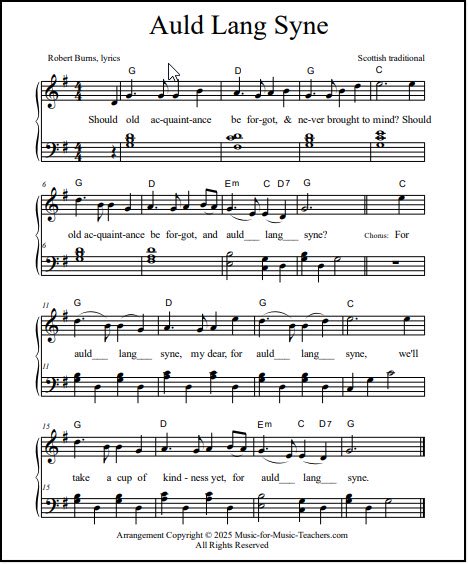 Piano sheet music Auld Lang Syne
