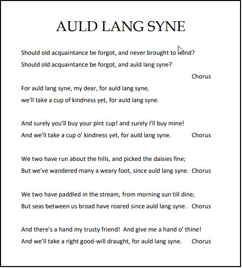 Printable lyrics Auld Lang Syne